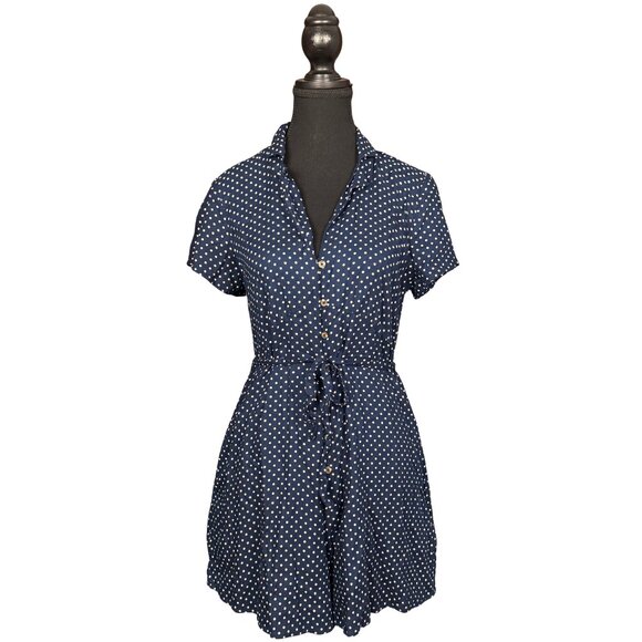 American Eagle Navy Polka Dot Button Front Romper Medium Viscose Short Sleeve - Picture 1 of 10